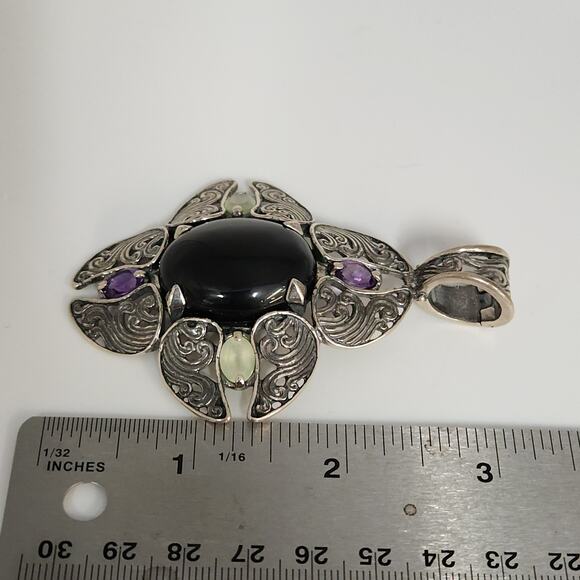 Vintage Silver Petal Pendant With Onyx Center, Accented By Amethyst & Citrine - Picture 6 of 8
